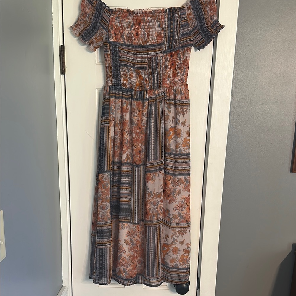 Xhilaration Boho Patchwork Midi Dress Smocked Off-Shoulder Floral Blue Orange M
